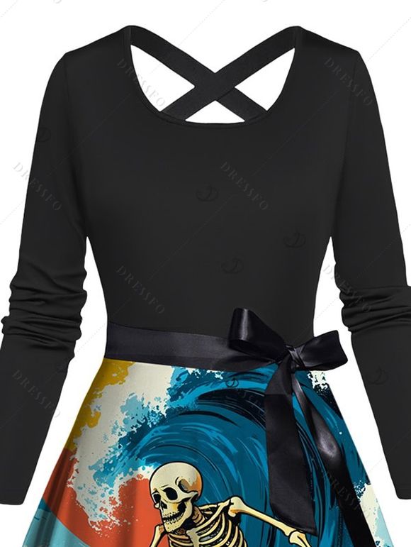 Robe de vacances imprimée vagues et squelette, ceinture croisée - Bleu XXXL | US 16