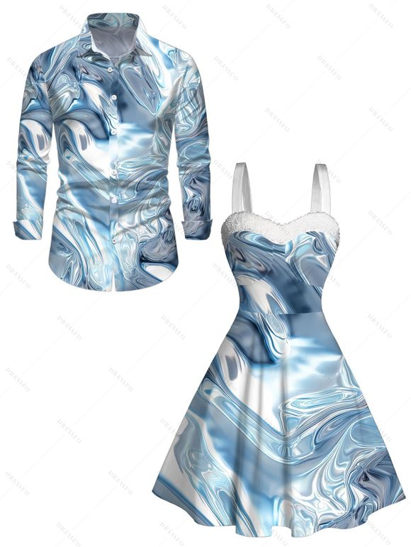 Winter Couple Outfit Colorblock 3D Printed Faux Fur Dress and Shirt Set - Bleu gris S | US 4