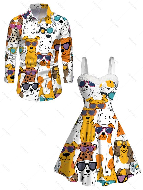 Funny Couple Outfit Dog with Sunglasses Print Faux Fur Dress and Shirt Set - Jaune S | US 4
