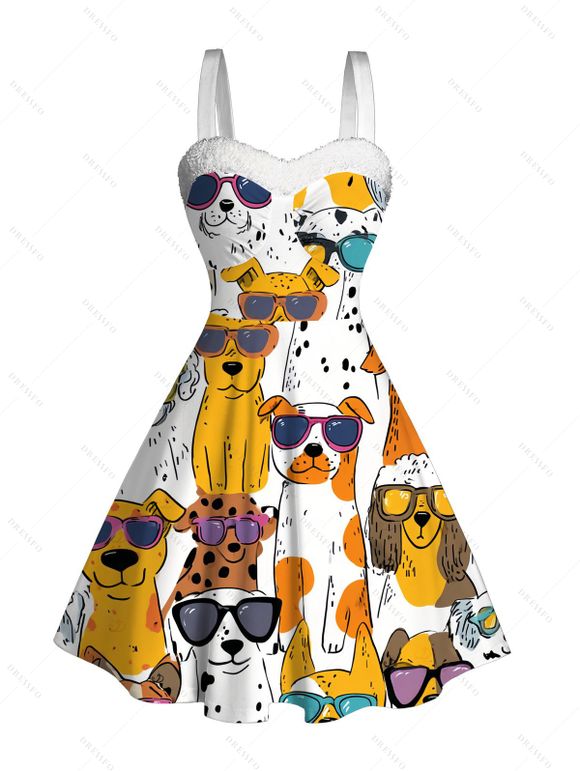 Funny Couple Outfit Dog with Sunglasses Print Faux Fur Dress and Shirt Set - Jaune S | US 4