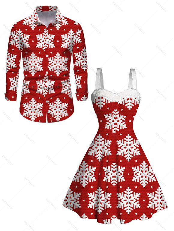Christmas Couple Outfit Allover Snowflake Print Faux Fur Dress and Shirt Set - Rouge S | US 4