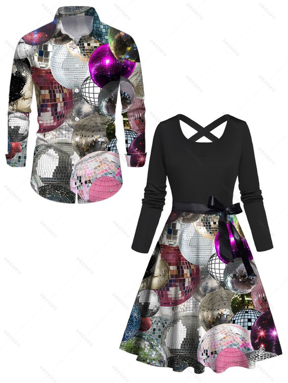 Party Couple Outfit Mirror Ball Print Crossover Belt Dress and Shirt Set - multicolor S | US 4