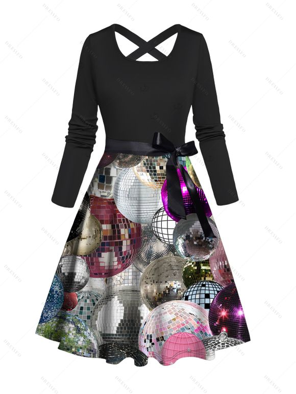 Party Couple Outfit Mirror Ball Print Crossover Belt Dress and Shirt Set - multicolor S | US 4