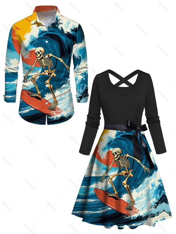 Vacation Couple Outfit Wave Surfing Skeleton Print Belt Dress and Shirt Set - Bleu S | US 4