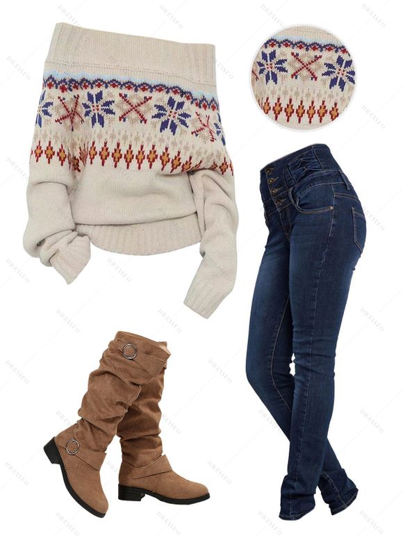 Winter Couple Outfit Jacquard Geometric Print Sweater Jeans and Boots Set - Blanc de Crème S | US 4