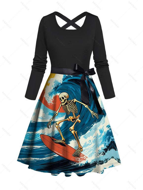 Vacation Couple Outfit Wave Surfing Skeleton Print Belt Dress and Shirt Set - Bleu S | US 4