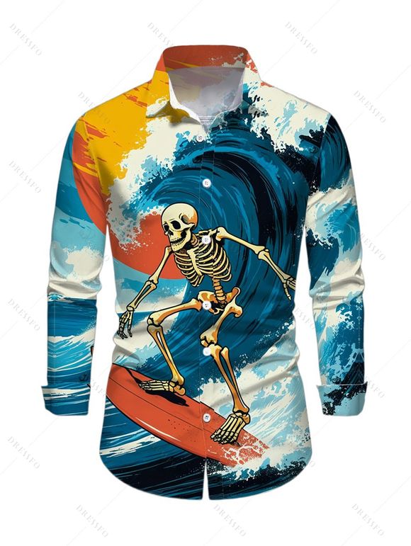 Vacation Couple Outfit Wave Surfing Skeleton Print Belt Dress and Shirt Set - Bleu S | US 4