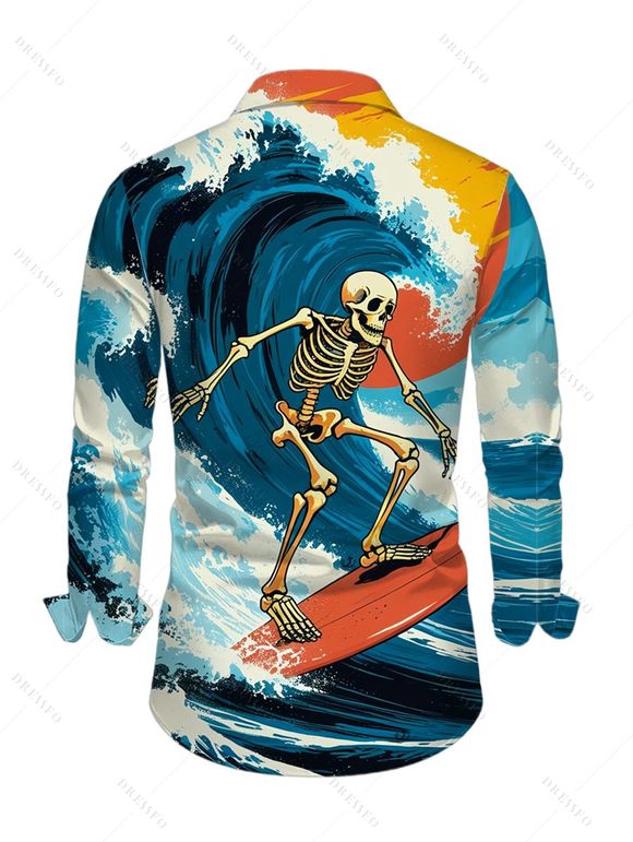Vacation Couple Outfit Wave Surfing Skeleton Print Belt Dress and Shirt Set - Bleu S | US 4