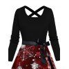 Robe de Noël à imprimé flocons de neige, robe à ceinture croisée et blocs de couleurs - Rouge Vineux XXXXXL | US 20