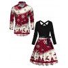 Couple Outfit Christmas Tree Elk Snowflake Print Belt Dress and Shirt Set - Rouge Vineux S | US 4