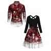 Christmas Couple Outfit Snowflake Print Crossover Belt Dress and Shirt Set - Rouge Vineux S | US 4