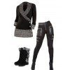 Winter Outfit Colorblock Mock Button Sweater Buckle Leggings and Boots Set - Noir S | US 4