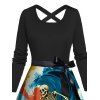 Robe de vacances imprimée vagues et squelette, ceinture croisée - Bleu XXXL | US 16