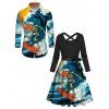 Vacation Couple Outfit Wave Surfing Skeleton Print Belt Dress and Shirt Set - Bleu S | US 4