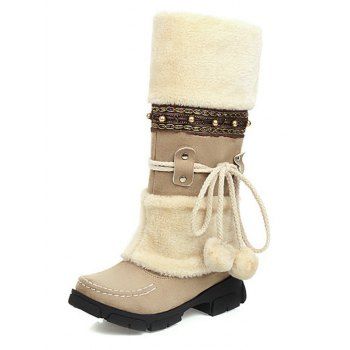 Contrast Color Mock Horn Button Plunge Neck Sweater And Fleece-lined Leggings Faux Fur Warmth Mid-calf Boots Outfit