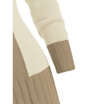 Contrast Color Mock Horn Button Plunge Neck Casual Sweater