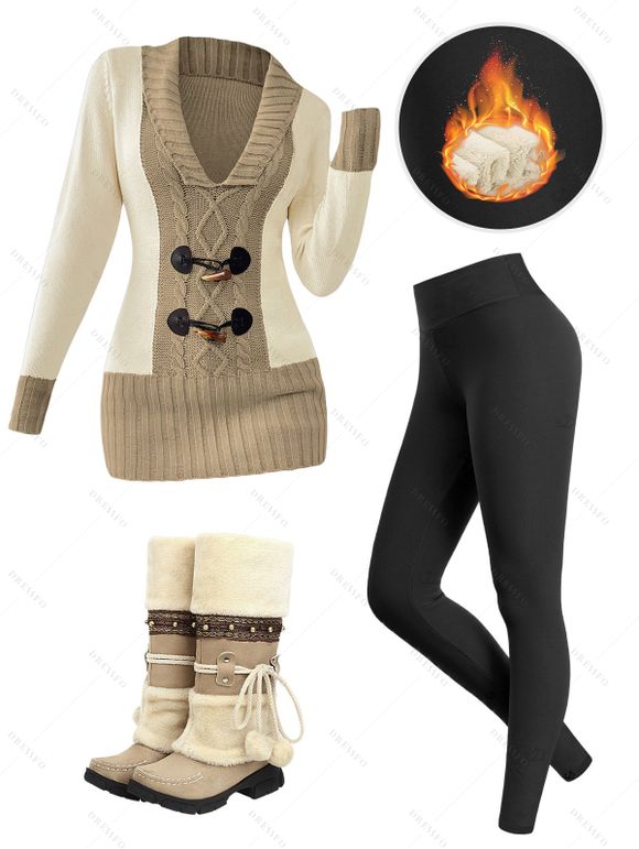 Contrast Color Mock Horn Button Plunge Neck Sweater And Fleece-lined Leggings Faux Fur Warmth Mid-calf Boots Outfit - Brun S | US 4