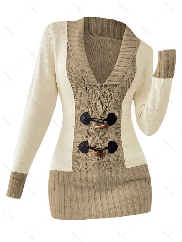 Contrast Color Mock Horn Button Plunge Neck Sweater And Fleece-lined Leggings Faux Fur Warmth Mid-calf Boots Outfit - Brun S | US 4