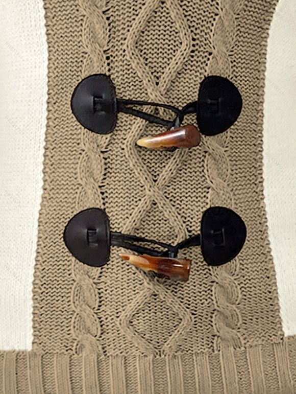 Contrast Color Mock Horn Button Plunge Neck Sweater And Fleece-lined Leggings Faux Fur Warmth Mid-calf Boots Outfit - Brun S | US 4