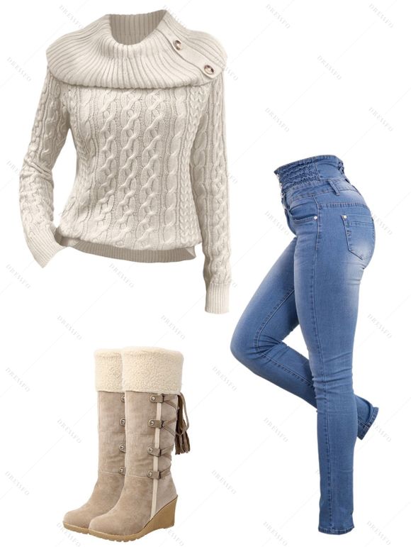Winter Outfit Convertible Neck Raglan Sleeve Sweater Jeans and Boots Set - Blanc de Crème S | US 4