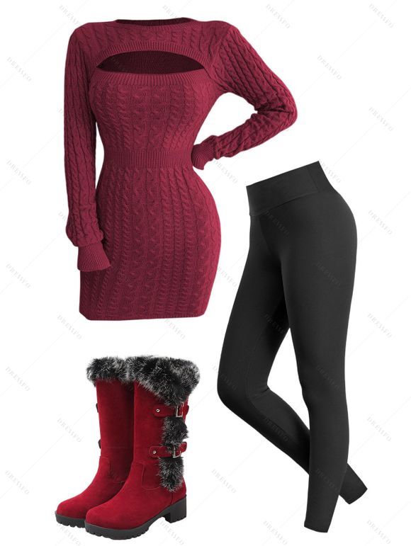 Winter Outfit Cable Knit Cut Out Sweater Dress Fleece-Lined Leggings Boot Set - Rouge foncé S | US 4