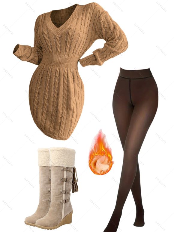 Winter Outfit Cable Knit Drop Shoulder Sweater Dress Fleece-Lined Leggings Boots Set - café lumière S | US 4