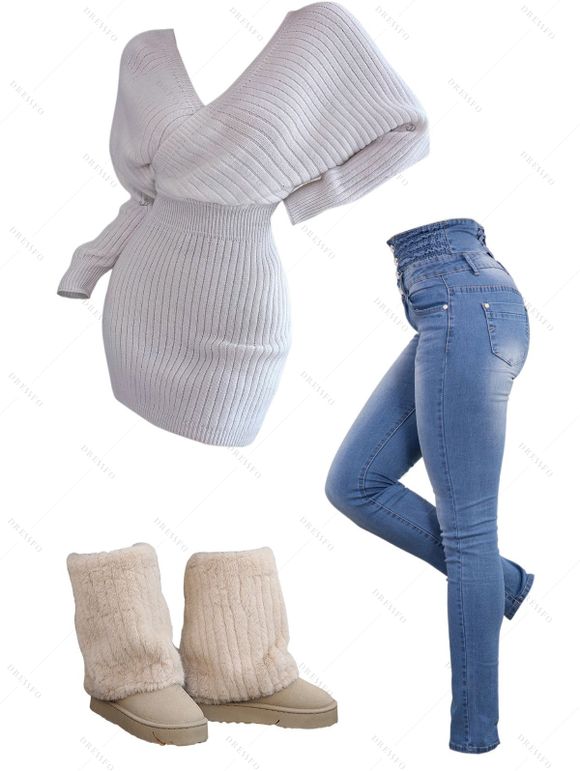 Winter Outfit Plunge Neck Batwing Sleeve Sweater Dress Jeans and Boots Set - Blanc S | US 4