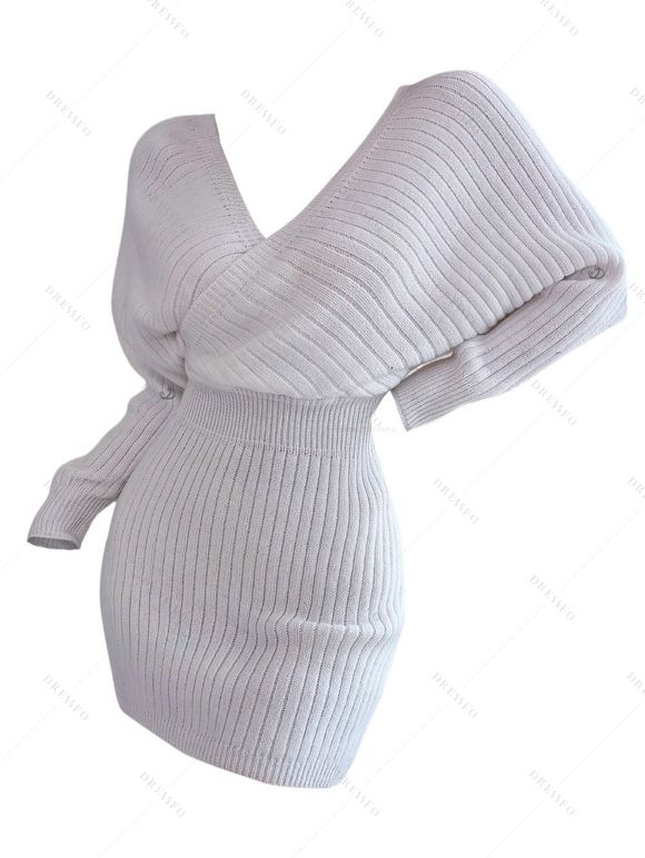 Winter Outfit Plunge Neck Batwing Sleeve Sweater Dress Jeans and Boots Set - Blanc S | US 4