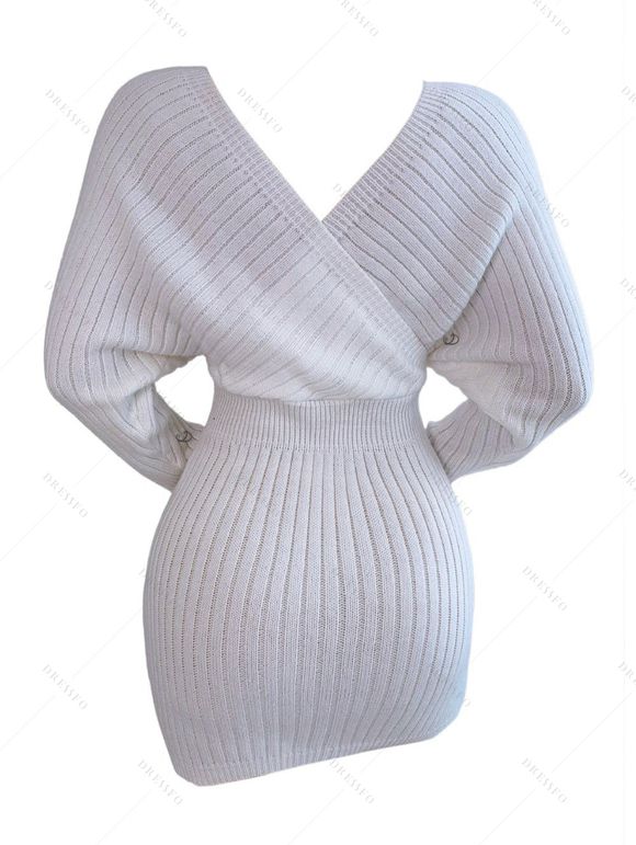 Winter Outfit Plunge Neck Batwing Sleeve Sweater Dress Jeans and Boots Set - Blanc S | US 4