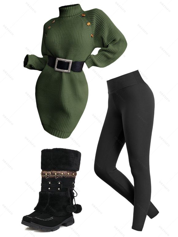 Winter Outfit Mock Button Turtleneck Sweater Dress Fleece-Lined Leggings and Boots Set - PLANT GREEN S | US 4