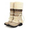 Contrast Color Mock Horn Button Plunge Neck Sweater And Fleece-lined Leggings Faux Fur Warmth Mid-calf Boots Outfit - Brun S | US 4