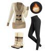 Contrast Color Mock Horn Button Plunge Neck Sweater And Fleece-lined Leggings Faux Fur Warmth Mid-calf Boots Outfit - Brun S | US 4