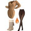 Winter Outfit Cable Knit Drop Shoulder Sweater Dress Fleece-Lined Leggings Boots Set - café lumière S | US 4