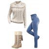 Winter Outfit Convertible Neck Raglan Sleeve Sweater Jeans and Boots Set - Blanc de Crème S | US 4