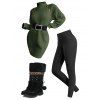 Winter Outfit Mock Button Turtleneck Sweater Dress Fleece-Lined Leggings and Boots Set - PLANT GREEN S | US 4