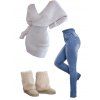 Winter Outfit Plunge Neck Batwing Sleeve Sweater Dress Jeans and Boots Set - Blanc S | US 4