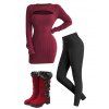 Winter Outfit Cable Knit Cut Out Sweater Dress Fleece-Lined Leggings Boot Set - Rouge foncé S | US 4