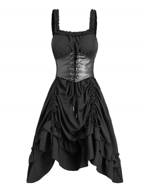 Robe gothique à empiècements en PU, lacets et volants, couleur unie