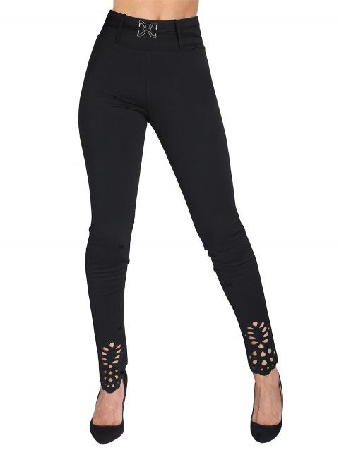 Pantalons à fleurs creux, pantalon skinny taille haute uni