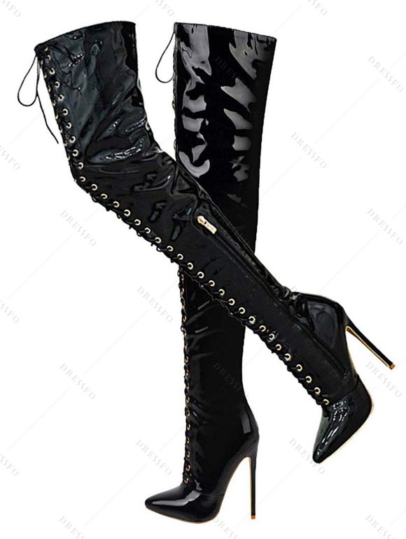 Lace Up High Heel Pointed Toe Over-the-knee Knight Boots - Noir EU 43