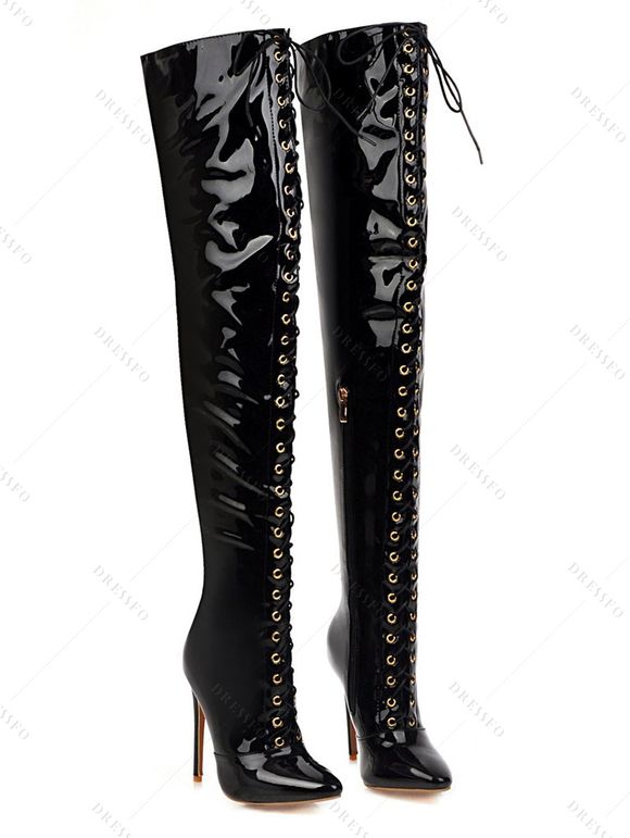 Lace Up High Heel Pointed Toe Over-the-knee Knight Boots - Noir EU 43