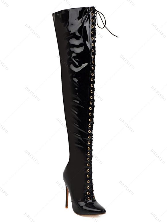 Lace Up High Heel Pointed Toe Over-the-knee Knight Boots - Noir EU 43