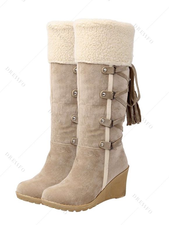 Lace-Up Fringes High Shaft Snow Boots Wedge Heel Foldable Cuff Boots - café lumière EU 38