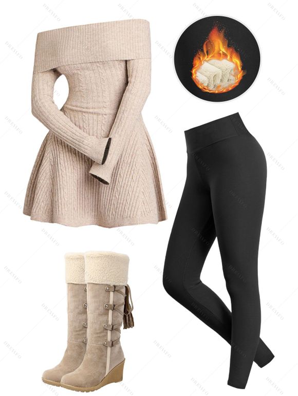 Winter Outfit Cable Knit Off the Shoulder Dress Fleece-Lined Leggings Boots Set - café lumière S | US 4