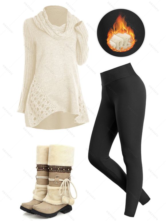 Winter Outfit Hollow Out Cowl Neck Long Sweater Fleece-Lined Leggings and Boots Set - Beige S | US 4