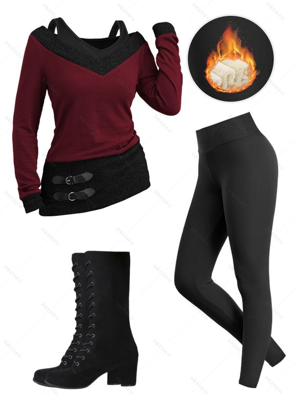 Winter Outfit Textured Heather Faux Twinset Top Fleece-Lined Leggings and Boots Set - Rouge foncé S | US 4