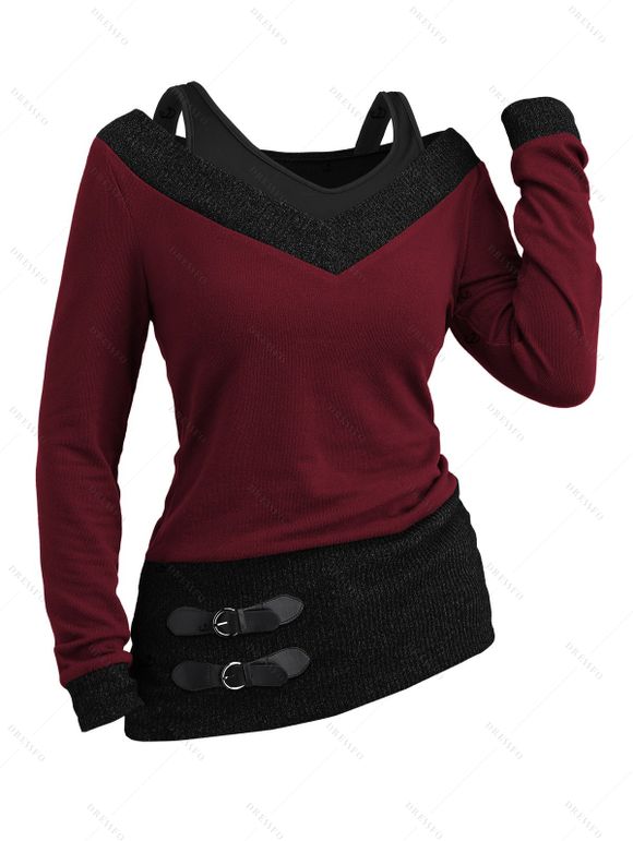 Winter Outfit Textured Heather Faux Twinset Top Fleece-Lined Leggings and Boots Set - Rouge foncé S | US 4