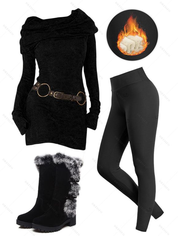 Winter Outfit Thumb Hole Belted Hooded Dress Fleece-Lined Leggings and Boots Set - Noir S | US 4