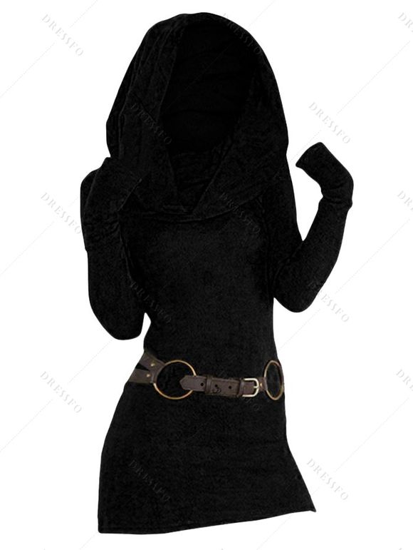 Winter Outfit Thumb Hole Belted Hooded Dress Fleece-Lined Leggings and Boots Set - Noir S | US 4