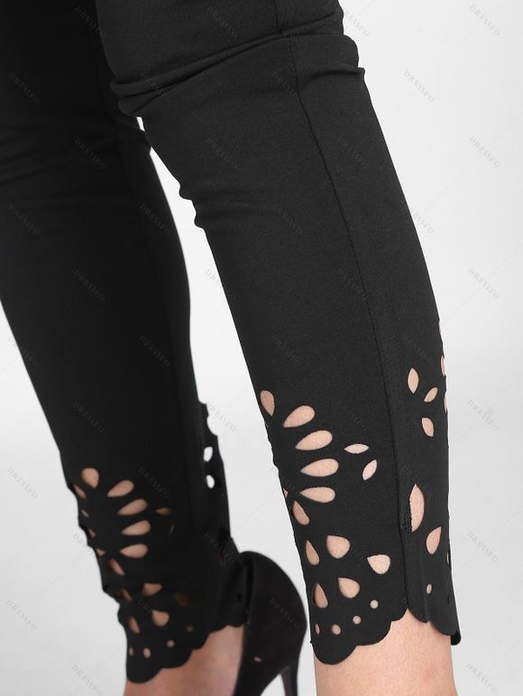 Pantalons à fleurs creux, pantalon skinny taille haute uni - Noir XL | US 12
